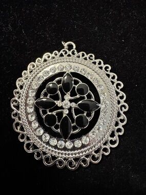Silver-Tone Black & Clear Crystal Medallion Pendant -No Chain